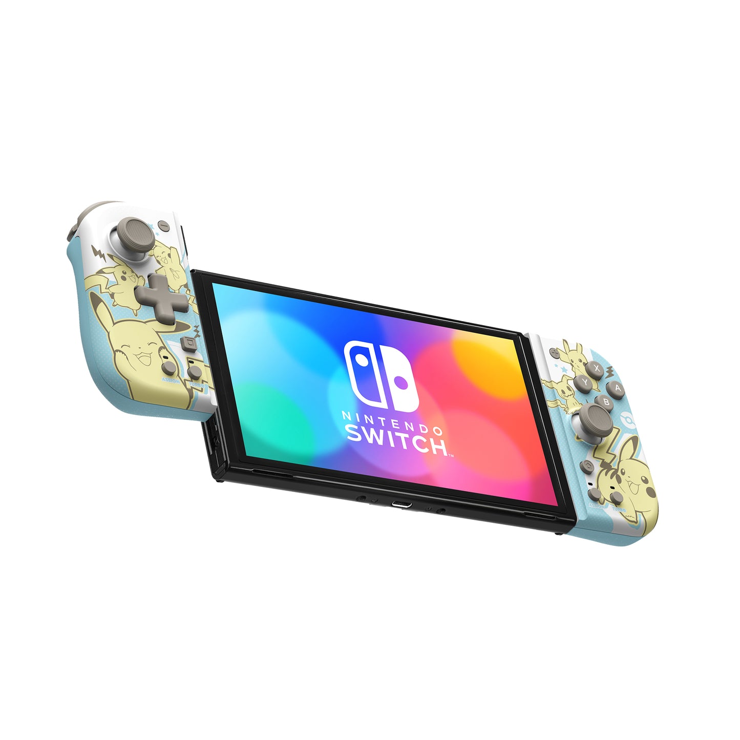 Hori split pad compact pikachu & mimikyu | nintendo switch in oled | ergonomski oprijem turbo zadnja gumba | igralni plošček 2 Hori split pad compact pikachu mimikyu nameščen na nintendo switch konzoli